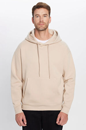 Unisex Oversize Geniş Kesim Pamuklu Yumuşak Dokulu İçi Polarlı Basic Bej Kapüşonlu Sweatshirt