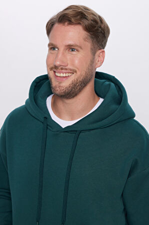 Unisex Oversize Geniş Kesim Pamuklu Yumuşak Dokulu İçi Polarlı Basic Yeşil Kapüşonlu Sweatshirt