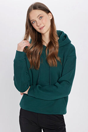 Unisex Oversize Geniş Kesim Pamuklu Yumuşak Dokulu İçi Polarlı Basic Yeşil Kapüşonlu Sweatshirt