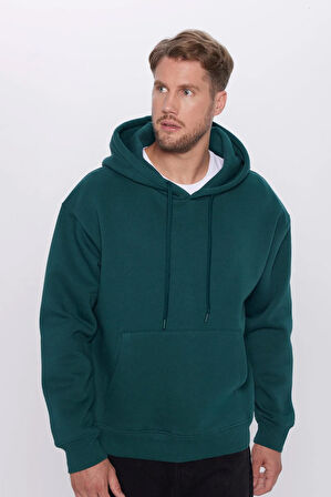 Unisex Oversize Geniş Kesim Pamuklu Yumuşak Dokulu İçi Polarlı Basic Yeşil Kapüşonlu Sweatshirt