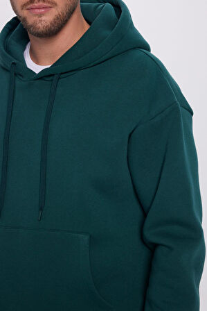 Unisex Oversize Geniş Kesim Pamuklu Yumuşak Dokulu İçi Polarlı Basic Yeşil Kapüşonlu Sweatshirt