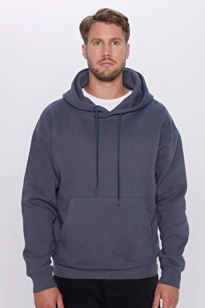 Unisex Oversize Geniş Kesim Pamuklu Yumuşak Dokulu İçi Polarlı Basic Gri Kapüşonlu Sweatshirt