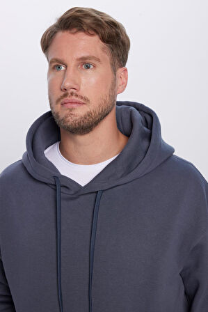 Unisex Oversize Geniş Kesim Pamuklu Yumuşak Dokulu İçi Polarlı Basic Gri Kapüşonlu Sweatshirt