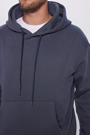 Unisex Oversize Geniş Kesim Pamuklu Yumuşak Dokulu İçi Polarlı Basic Gri Kapüşonlu Sweatshirt