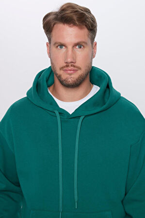 Unisex Oversize Geniş Kesim Pamuklu Yumuşak Dokulu İçi Polarlı Basic Yeşil Kapüşonlu Sweatshirt