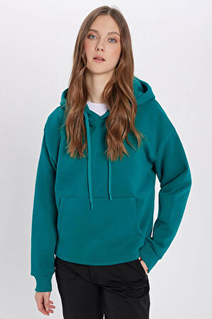 Unisex Oversize Geniş Kesim Pamuklu Yumuşak Dokulu İçi Polarlı Basic Yeşil Kapüşonlu Sweatshirt