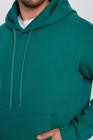 Unisex Oversize Geniş Kesim Pamuklu Yumuşak Dokulu İçi Polarlı Basic Yeşil Kapüşonlu Sweatshirt