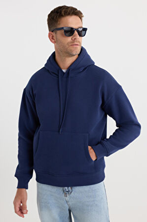Unisex Oversize Geniş Kesim Pamuklu Yumuşak Dokulu İçi Polarlı Basic Lacivert Kapüşonlu Sweatshirt