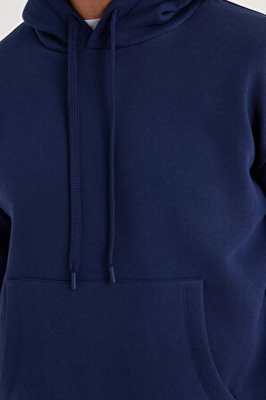 Unisex Oversize Geniş Kesim Pamuklu Yumuşak Dokulu İçi Polarlı Basic Lacivert Kapüşonlu Sweatshirt