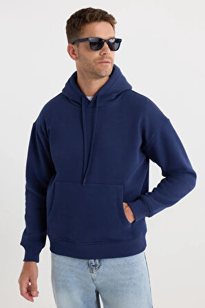 Unisex Oversize Geniş Kesim Pamuklu Yumuşak Dokulu İçi Polarlı Basic Lacivert Kapüşonlu Sweatshirt