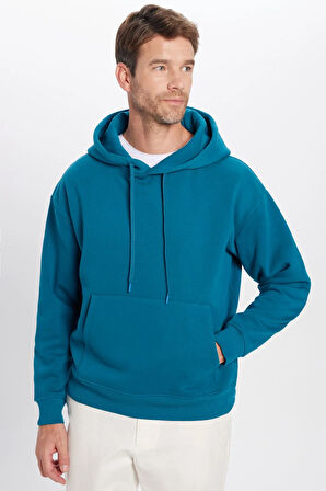 Unisex Oversize Geniş Kesim Pamuklu Yumuşak Dokulu İçi Polarlı Basic Petrol Kapüşonlu Sweatshirt