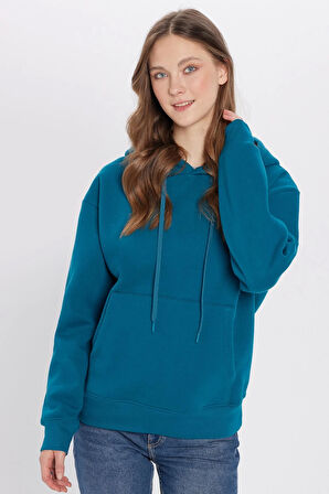 Unisex Oversize Geniş Kesim Pamuklu Yumuşak Dokulu İçi Polarlı Basic Petrol Kapüşonlu Sweatshirt