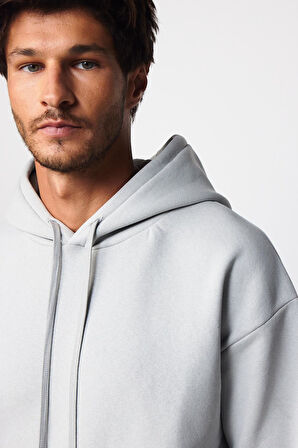 Unisex Oversize Geniş Kesim Pamuklu Yumuşak Dokulu İçi Polarlı Basic Taş Renk Kapüşonlu Sweatshirt