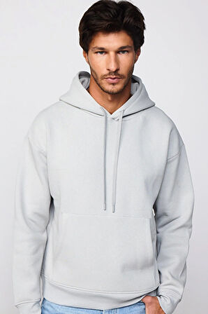 Unisex Oversize Geniş Kesim Pamuklu Yumuşak Dokulu İçi Polarlı Basic Taş Renk Kapüşonlu Sweatshirt