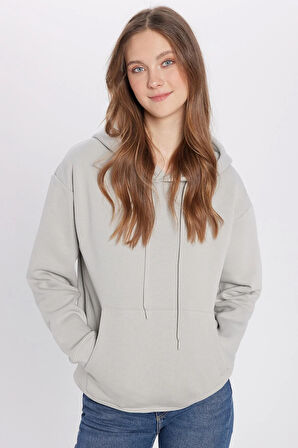 Unisex Oversize Geniş Kesim Pamuklu Yumuşak Dokulu İçi Polarlı Basic Taş Renk Kapüşonlu Sweatshirt