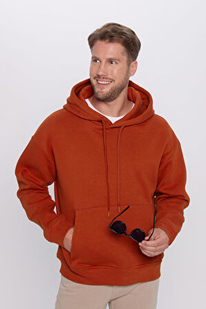 Unisex Oversize Geniş Kesim Pamuklu Yumuşak Dokulu İçi Polarlı Basic Kiremit Renk Kapüşonlu Sweatshirt