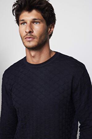 Regular Fit Standart Kesim Bisiklet Yaka Desenli Lacivert Erkek Kazak