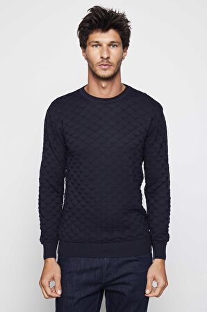 Regular Fit Standart Kesim Bisiklet Yaka Desenli Lacivert Erkek Kazak