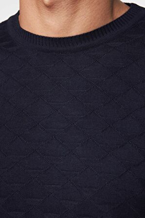 Regular Fit Standart Kesim Bisiklet Yaka Desenli Lacivert Erkek Kazak