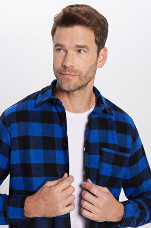 Erkek Regular Fit Klasik Kesim Tek Cepli Kareli Kışlık Oduncu Gömlek