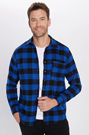 Erkek Regular Fit Klasik Kesim Tek Cepli Kareli Kışlık Oduncu Gömlek