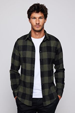 Slim Fit Dar Kesim Kareli Oduncu Haki-Yeşil Erkek Gömlek