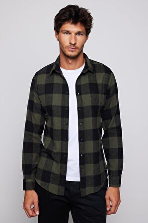 Slim Fit Dar Kesim Kareli Oduncu Haki-Yeşil Erkek Gömlek