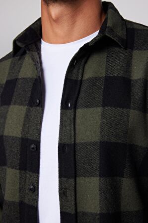 Slim Fit Dar Kesim Kareli Oduncu Haki-Yeşil Erkek Gömlek
