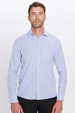 Erkek Regular Fit Klasik Kesim Pamuklu Kolay Ütü Çizgili Mavi Gömlek