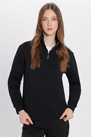 Unisex Relax Fit Rahat Kesim Pamuklu İçi Polarlı Yarım Fermuarlı Siyah Dik Yaka Sweatshirt