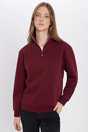 Unisex Relax Fit Rahat Kesim Pamuklu İçi Polarlı Yarım Fermuarlı Bordo Dik Yaka Sweatshirt