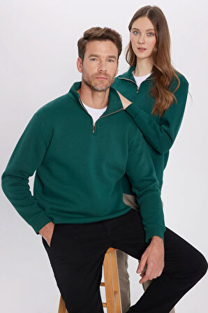 Unisex Relax Fit Rahat Kesim Pamuklu İçi Polarlı Yarım Fermuarlı Haki Dik Yaka Sweatshirt