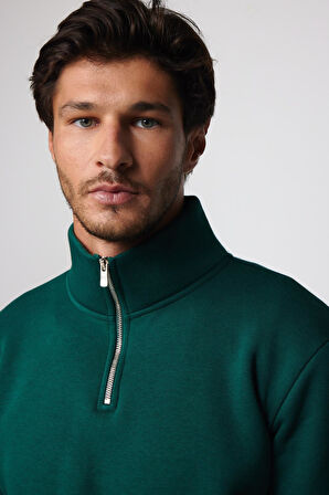 Unisex Relax Fit Rahat Kesim Pamuklu İçi Polarlı Yarım Fermuarlı Haki Dik Yaka Sweatshirt