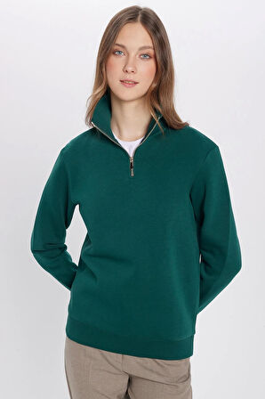 Unisex Relax Fit Rahat Kesim Pamuklu İçi Polarlı Yarım Fermuarlı Haki Dik Yaka Sweatshirt