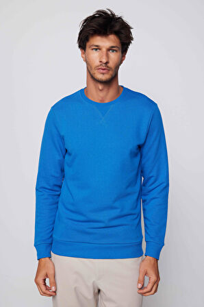 Unisex Relax Fit Rahat Kesim %100 Pamuk Basic Mavi Bisiklet Yaka Sweatshirt