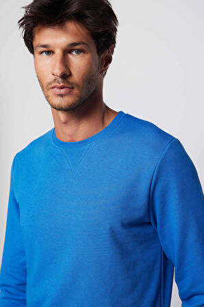 Unisex Relax Fit Rahat Kesim %100 Pamuk Basic Mavi Bisiklet Yaka Sweatshirt