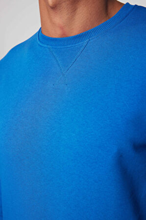 Unisex Relax Fit Rahat Kesim %100 Pamuk Basic Mavi Bisiklet Yaka Sweatshirt