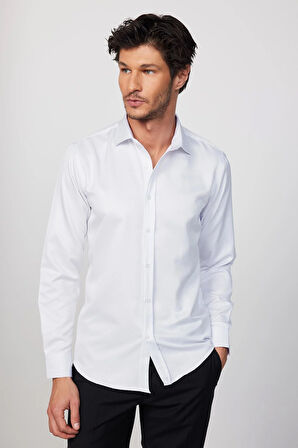 Modern Slim Fit Uzun Kollu Pamuklu Kolay Ütü Armürlü Beyaz Erkek Gömlek