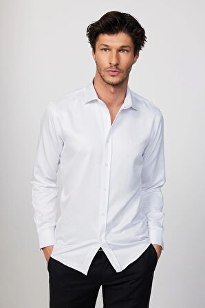 Modern Slim Fit Uzun Kollu Pamuklu Kolay Ütü Armürlü Beyaz Erkek Gömlek
