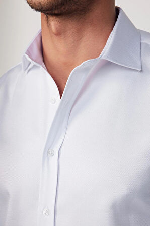 Modern Slim Fit Uzun Kollu Pamuklu Kolay Ütü Armürlü Beyaz Erkek Gömlek