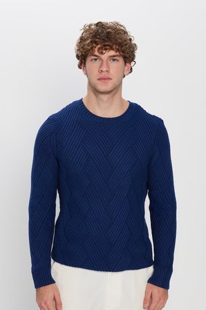 Erkek Slim Fit Dar Kesim Pamuklu Desenli Yumuşak Dokulu Saks Mavi Bisiklet Yaka Kazak