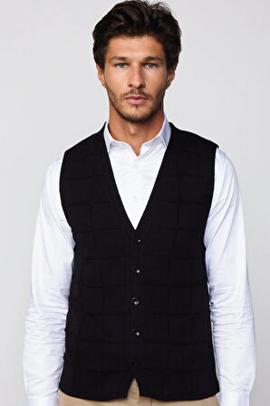 Slim Fit Kare Desenli Siyah Erkek Yelek