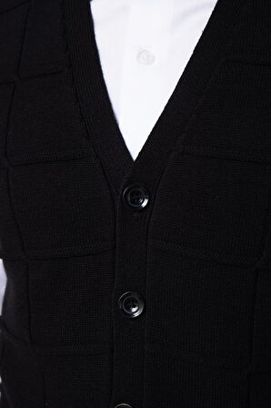 Slim Fit Kare Desenli Siyah Erkek Yelek