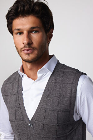 Slim Fit Kare Desenli Gri Erkek Yelek