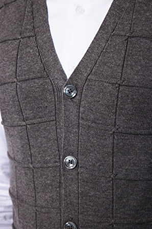 Slim Fit Kare Desenli Gri Erkek Yelek