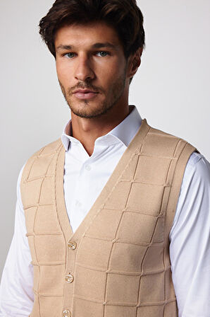 Slim Fit Kare Desenli Taş Rengi Erkek Yelek