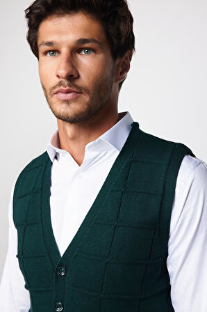 Slim Fit Kare Desenli Yeşil Erkek Yelek