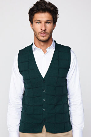 Slim Fit Kare Desenli Yeşil Erkek Yelek
