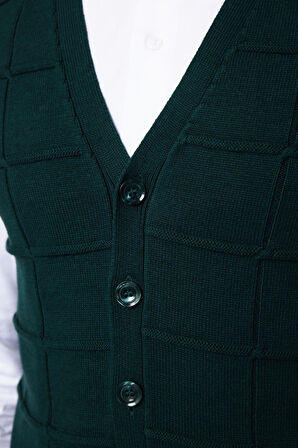 Slim Fit Kare Desenli Yeşil Erkek Yelek