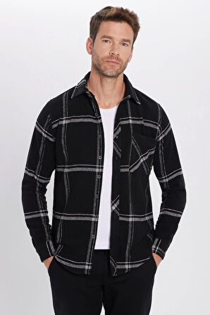 Erkek Slim Fit Dar Kesim Uzun Kollu Kareli Tek Cepli Kışlık Oduncu Gömlek
